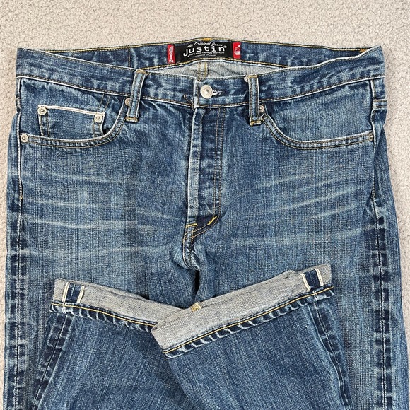 Justin Original Jeans Mens 34x32 Blue Selvedge Denim Faded Whiskering J-201